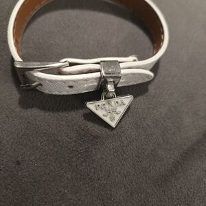 Prada White Leather Bracelet with Silver Charm